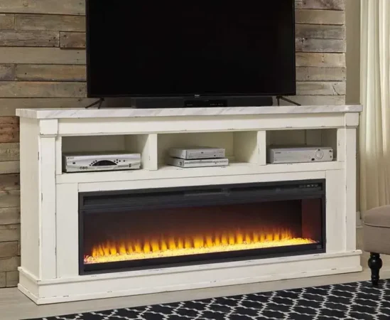 White fireplace TV stand with black screen